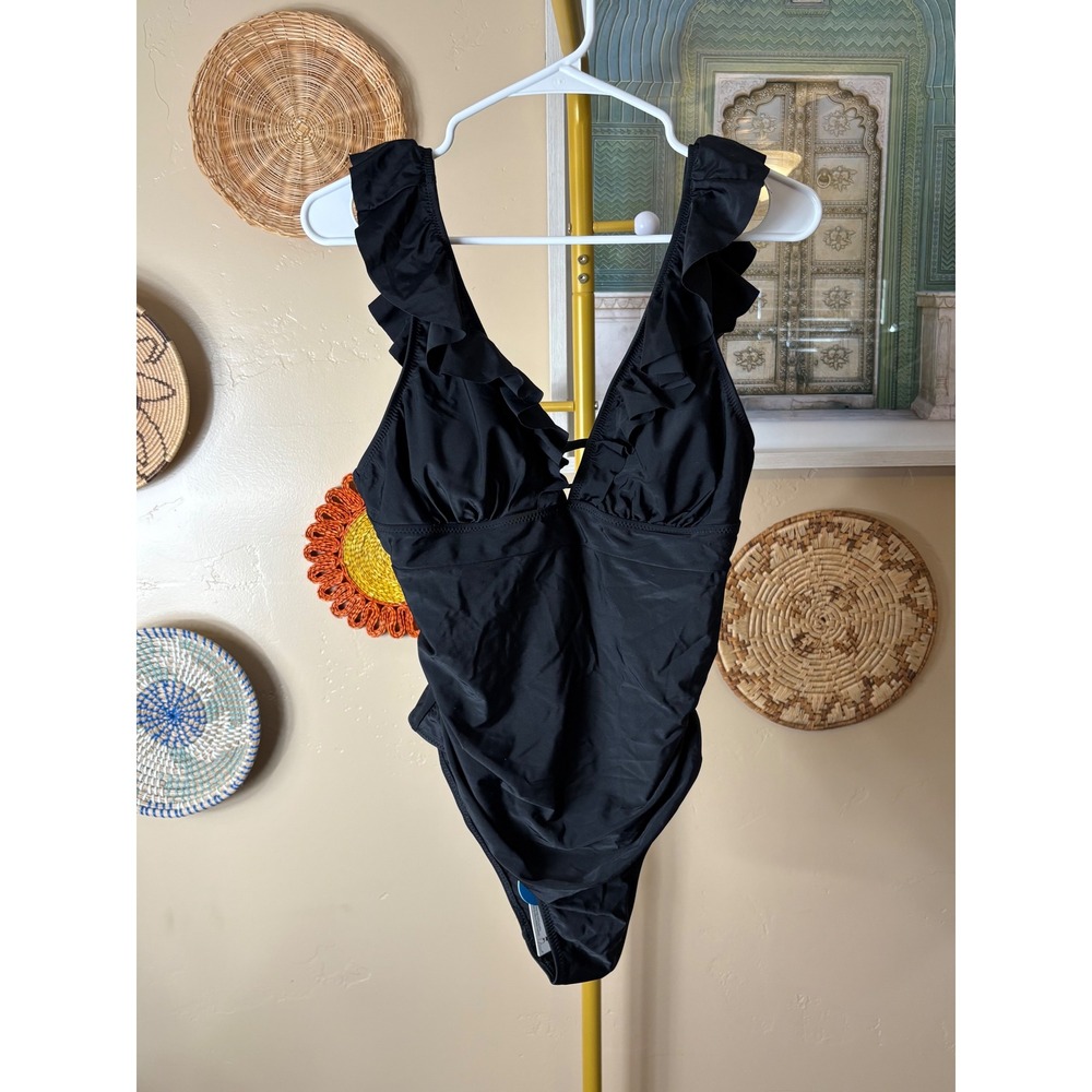 Cupshe Women Black Ruffle V-Neck Ruched One Piece Swimsuit Lace Up Back